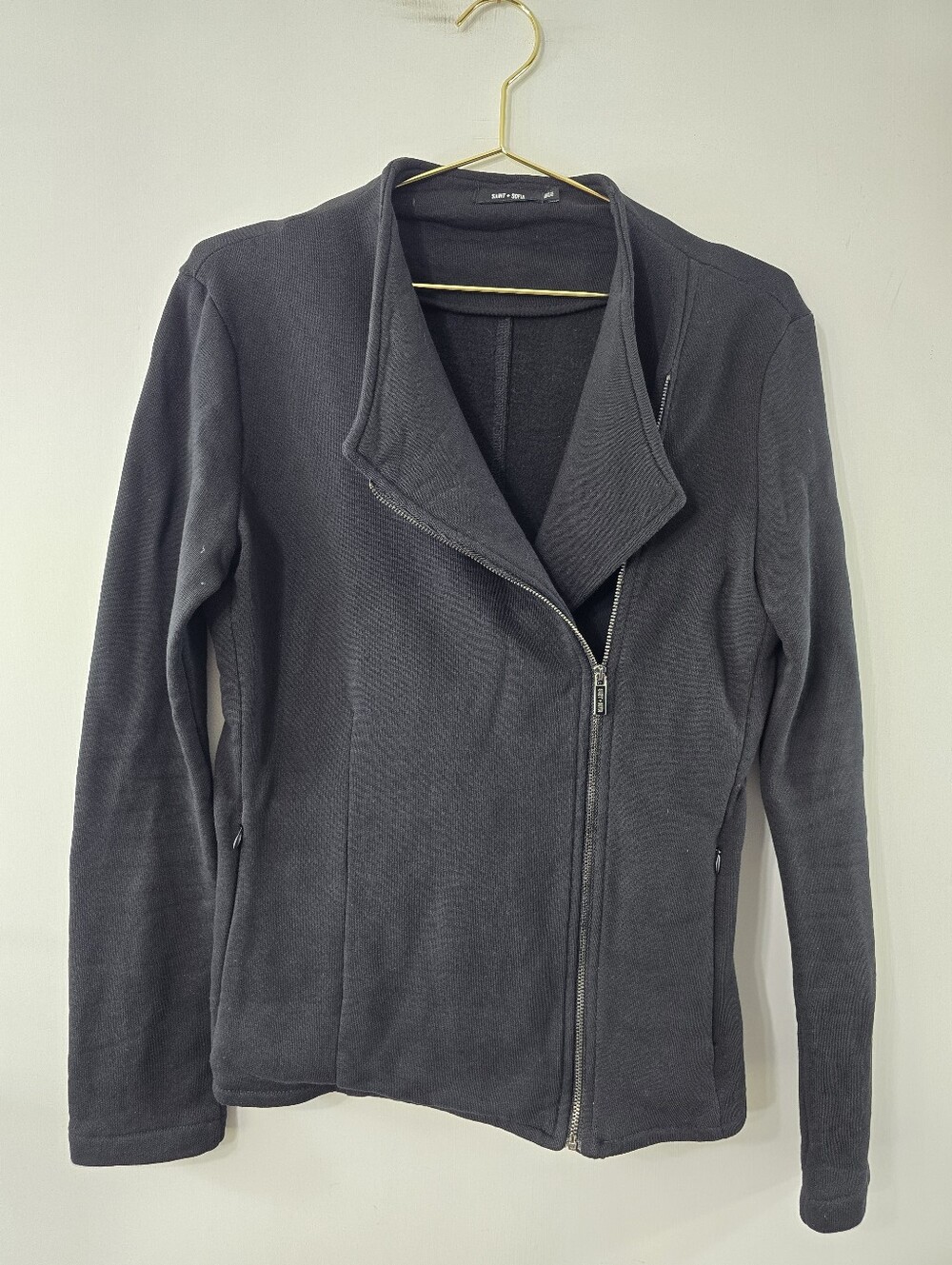 Saint + Sofia Organic Cotton Asymmetric Zip Knit Moto Biker Jacket Size 6 Black - Picture 7 of 16